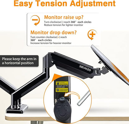 XEVKZO Dual Monitor Arms, Gas Spring Monitor Arms for 2 Monitors up to 34" Curved/Flat, 22lbs per Arm, VESA Mount 75x75 100x100mm, C-Clamp & Grommet Base, Adjustable Tilt/Swivel/Rotation