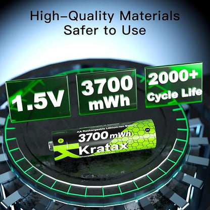 Kratax 8 Count AA Rechargeable Lithium Batteries 3700mWh High Capacity Double A li-ion Batteries 1.5v, Long Lasting AA Lithium Battery Rechargeable for Remote Control, Office Appliances
