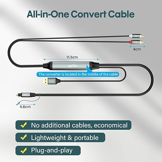 Adoreen Unidirectional 2 RCA Input to SPDIF/Toslink Output Optical Adapter Cable 4 Ft, Analog to Digital Audio Converter, 48Khz/96Khz for Turntable CD DVD to Soundbar TV Home Theater System