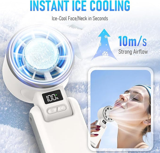 PlayHot Upgraded Portable Handheld Fan with 60°F Ice Cooling, Up tp 12Hrs Personal Fans Portable Rechargeable, 5 Speed 25550RPM Powerful Portables Fan Handheld, Hand/Neck/Desk Fan 3 IN 1(White)