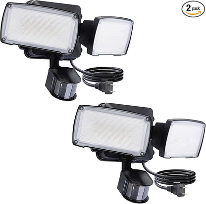 LUTEC 2 Pack 21W Plug in Motion Sensor Light Outdoor, Flood Lights Outdoor Motion Sensor,2500LM, 5000K Daylight,IP65 Waterproof,Adjustable 2 Heads Wall Light for Garage, Porch, Yard - Black