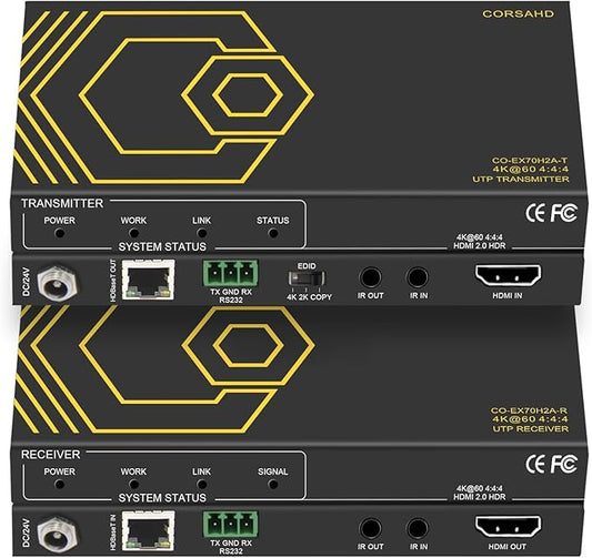 HDMI Extender Over Ethernet 4k 60HZ Uncompressed 18G/BPS Over Single Cat5/6 up to 40m(165ft), RS232+POE+IR+HDCP2.2, HDR CEC EDID Management.