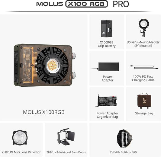 ZHIYUN MOLUS X100 RGB PRO 100W Video Light [Official] V2 Upgraded Version Professional Photography Lighting Portable Continuous Output Lighting 2500K~10000K CRI≥95 TLCI≥97 Only 384g for Youtuber TT