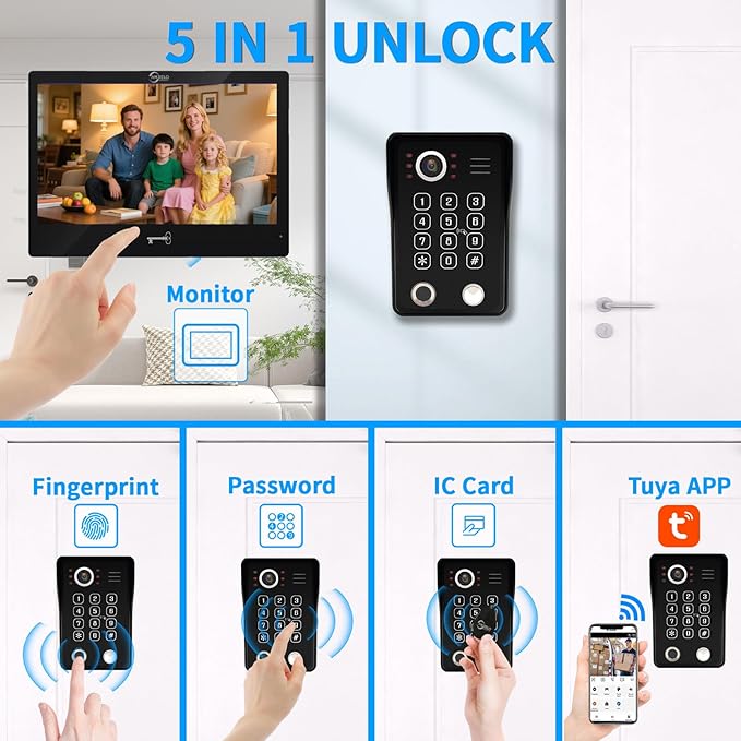 Wired Video Apartment Intercom System,Door Phone Kit,10 Inch Touch Monitor with 1080P HD Doorbell Camera,Supporting Motion Detecting 5 in 1 RFID Card Unlcking for Home Villa (1 Doorbell + 1 Monitor)