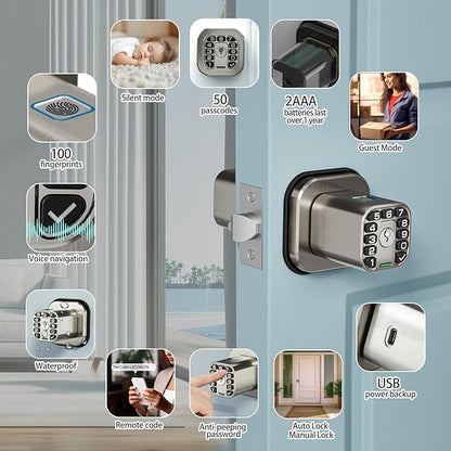 Richelock Fingerprint Door knob, Smart Biometric Door Lock with Keypad, Keyless Entry Code Door Knob, Waterproof & Weatherproof , Auto Lock ,Voice Navigation, For Bedroom, Gate,Office -Satin Nickel