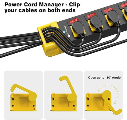 Heavy Duty Power Strip - 6 Outlet Power Strip with Individual Switches Cord Manager Surge Protector 1200J Home Office Garage Industrial Workbench
