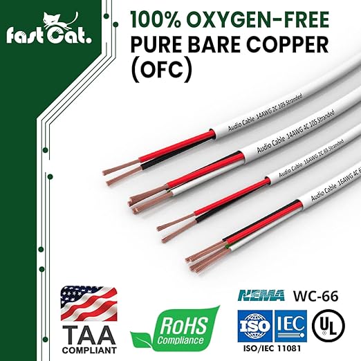fast Cat. Speaker Wire 16 Guage 2C, UL Listed & CMR/CL3R-FT4 Rated - Speaker Cable w/PVC Jacket, 100% Oxygen-Free Pure Bare Copper - (65) HighFlex 16 Guage Wire - in-Wall Use-500ft Bulk Cable, Black