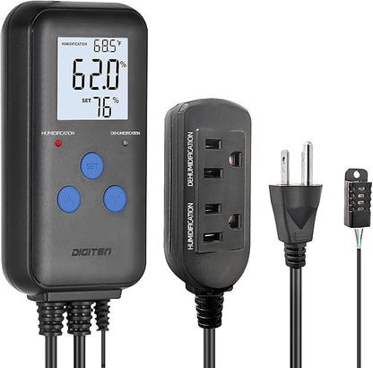 DIGITEN Humidity Controller Pre-Wired Digital Humidistat with Temperature Display, Dual-Stage Outlet Humidifier /Dehumidifier for Mushroom,Reptile, Greenhouse, Fan, Grow Tent