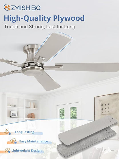 ZMISHIBO 52 Inch Ceiling Fan No Light, Flush Mount Low Profile, Modern Nickel Ceiling Fan Without Light, Remote Control & Quiet DC Motor, for Indoor&Outdoor, Bedroom, Living Room