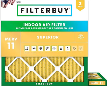 Filterbuy 23x23x1 Air Filter MERV 11 Superior Pet & Allergy Defense (2-Pack), Electrostatic Pleated HVAC AC Furnace Filters Replacement, Made in USA (Actual Size: 22.50 x 22.50 x 0.75)