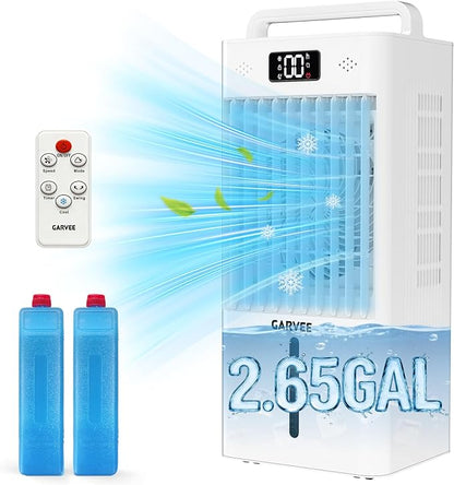 Portable Evaporative Air Cooler, 2.6Gal Touch Screen Cooler Fan with Remote Control, 6 Speeds 3 Modes LED Display, Quiet 3-in-1 Cooling, Ice Packs & Rolling Casters Included, for Bedroom Home Office