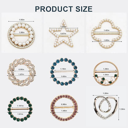 T-Shirt Clips 9 PCS, Clothes Corner Knotted Button, Fashion Alloy Pearl Rhinestone Circle Clip Buckle Round Shirt Silk Scarf