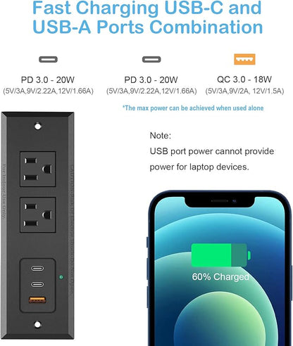 CCCEI Recessed Power Strip with Two USB-C Ports, Fast Charging USB A Port Desk Outlet, Black Furniture Hidden Charging Station for Side Table, End Table, with 6 FT 45 Degree Flat Plug Extension Cord.