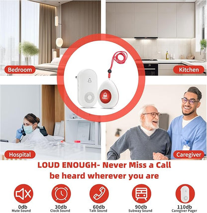 Wireless Caregiver Pager SOS Call Button for Elderly Monitoring 1000+ Feet Life Alert，Emergency Alert System Call Bell for Nurse Patient Disabled 1 Waterproof Transmitter & 1 Plugin Receiver