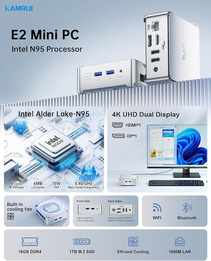 KAMRUI Essenx E2 Mini PC, 16GB RAM 1TB SSD Mini Computers,12th Alder Lake N95 (Beat N100, up to 3.4GHz) Micro PC, HDMI+DP1.4 Dual 4K UHD Small PC,Gigabit Ethernet,WiFi,BT,Home/Office Mini Desktop pc