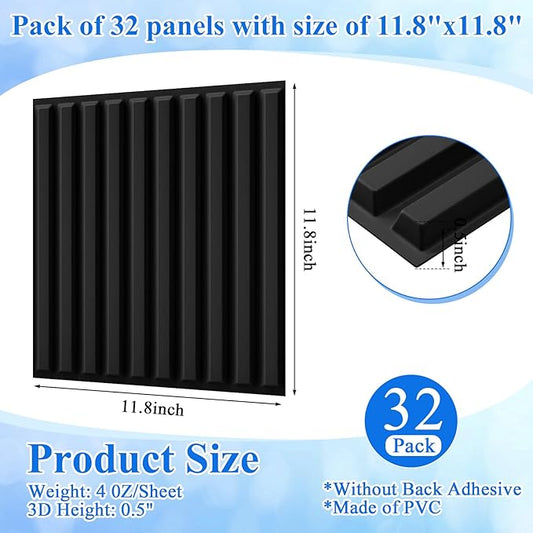 Nuanchu 32 Pcs 3D Slat Wall Panels 12 x 12 Inch PVC Fluted Textured Panel Cuttable Paintable DIY Wall Art Decorative Tiles for Ceiling Studio Bathroom Interior TV Background (Black)