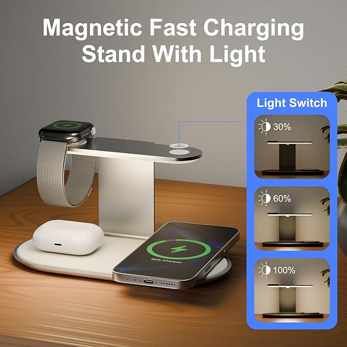 4-in-1 for Magsafe Wireless Charging: 15W Qi Magnetic Fast Charger Station Pad with Night Light for iPhone 16 15 14 13 12 Pro Max - for Apple Watch and AirPods Series - Desk Nightstand Bedside, Silver