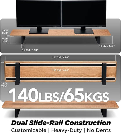 ULTRARM Moodular Wooden Monitor Stand 45.6” (116cm) Large Desk Organizer with Metal Slide Rails for Drawer, Tray, Laptop, Tablet, Phone & Headphones Customizable Riser for Organized Workspace Oak