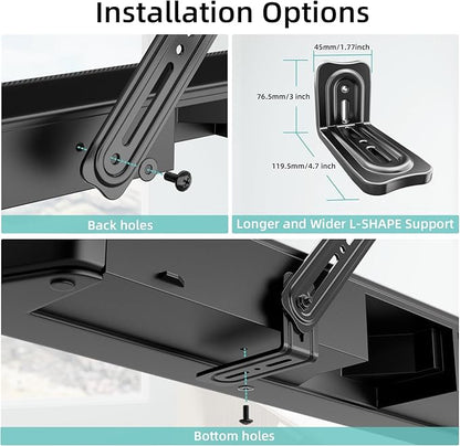 HCMOUNTING Soundbar Mount Bracket, Sound Bar Mounts Under TV or Above TV Fits Most Sound Bars Up to 20 Lbs, Soundbar TV Mount with 180° Adjustable Extension Plates and L-Shaped Hooks