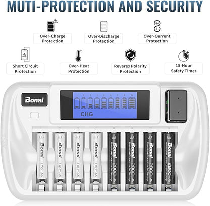 BONAI Rechargeable AA Batteries with Charger, 8+1 Bay Battery Charger with LCD Display for 1.2V NiMH AA AAA 9V, 2800mAh High Capacity Low Self Discharge- 8 Pack