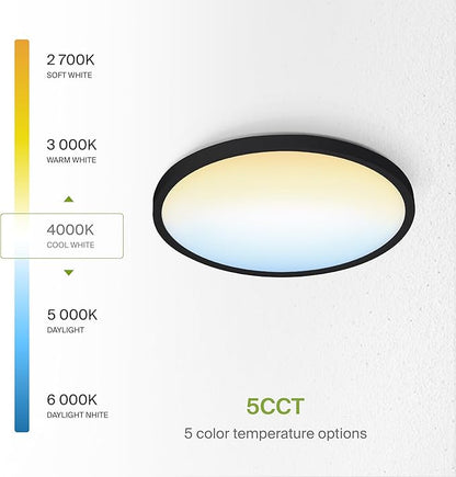 ASD LED 12" Round Flush Mount Ceiling Light Fixture, Low Profile Surface Lighting | 5CCT, Dimmable, Ultra-Thin, ETL Listed | 24W 1900LM 2700-6000K 120V | Kitchen, Bedroom, Hallway Lamp | Black