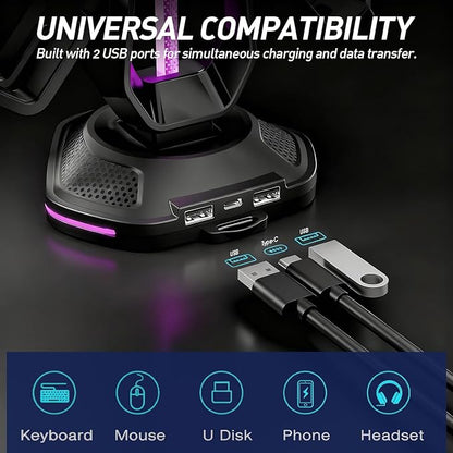 Oritikur RGB Headset Stand with 9 Light Modes and 2 USB Charging Ports - Controller Holder for Desk - Headphone Stand & Detachable Controller Hook for PC Earphone Gaming Room Setup Accessories