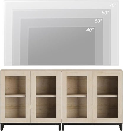WAMPAT Modern TV Stand with Glass Doors for 32-70 inch TVs, 2 in 1 Entertainment Center Console with Adjustable Shelves for Living Room, Bedroom, Light Oak