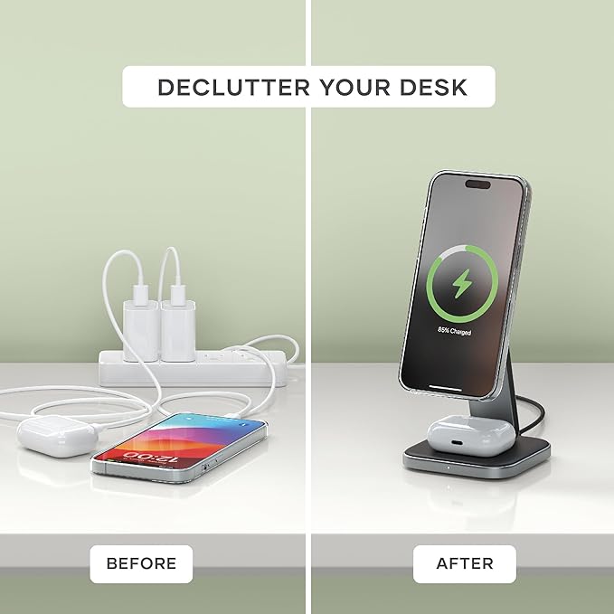 Satechi 2 in 1 Wireless Charger, Qi2 15W Dual Wireless Charger Stand, Magnetic, Foldable Travel Charger Station for iPhone 16/15/14/13/12, and AirPods Pro/3/2