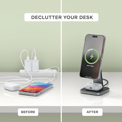 Satechi 2 in 1 Wireless Charger, Qi2 15W Dual Wireless Charger Stand, Magnetic, Foldable Travel Charger Station for iPhone 16/15/14/13/12, and AirPods Pro/3/2