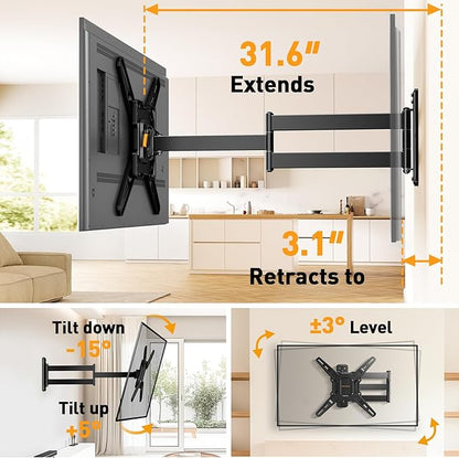 Perlegear Long Arm TV Wall Mount for 26-65 inch TVs up to 100 lbs, Corner TV Mount Bracket with 31.65” Extension, Swivel, Tilt Articulating Arms, Max VESA 400x400mm, Full Motion Wall Mount PGMF25B