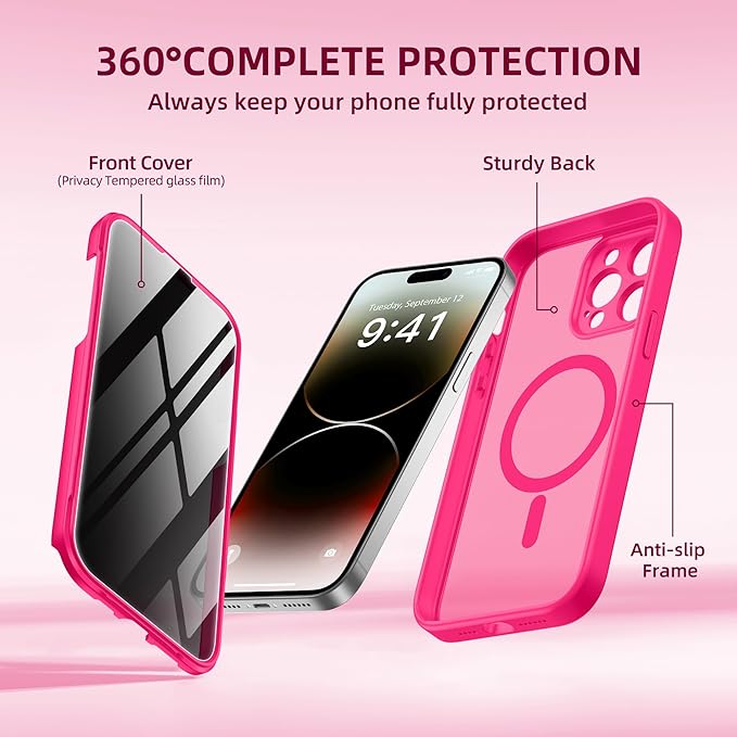 BERFY Magnetic for iPhone 14 Pro Max Case,Compatible with MagSafe,Built-in Privacy Screen Protector and Upgraded Camera Protection,Anti-Spy Full Body Shockproof Phone Case for 14 Pro Max 6.7",Hot Pink