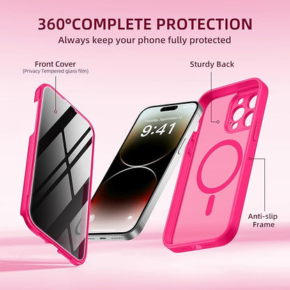 BERFY Magnetic for iPhone 14 Pro Max Case,Compatible with MagSafe,Built-in Privacy Screen Protector and Upgraded Camera Protection,Anti-Spy Full Body Shockproof Phone Case for 14 Pro Max 6.7",Hot Pink