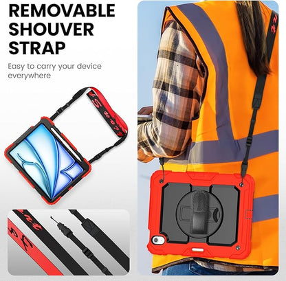 timecity Case for iPad Air 11 Inch M3/ M2 (2025/2024), 360° Rotating Stand, Pencil Holder & Wireless Charging, Shockproof with Screen Protector & Shoulder Strap - for Designers, Red