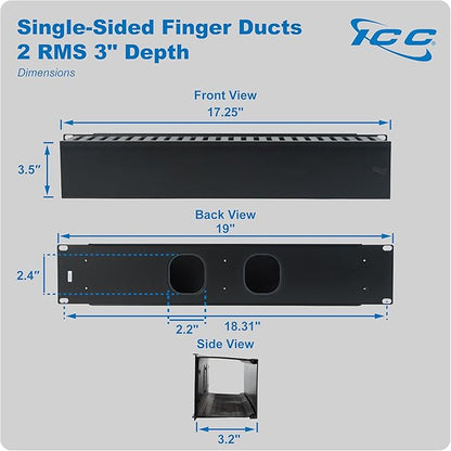 ICC 2U Finger Duct Cable Manager Panel with Cover, Plastic with Metal Back Frame, 3" Depth, Horizontal Cable Management, Rackmount for 19” Network Racks, Black, Single Pack