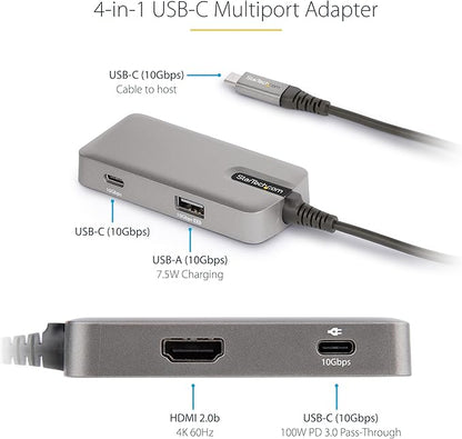 StarTech.com 4-in-1 USB C Hub with Extra Long Cable, 4K 60Hz HDMI, Alt-Mode, 100W Power Delivery, 10Gbps Fast Speed Type C Expansion Hub, Portable Mini Docking Station for MacBook - TAA