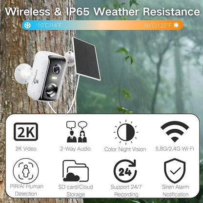 Solar Security Cameras Wireless Outdoor, 2K Outside Security Wireless WiFi Cameras, Battery Powered Outdoor Cameras with Solar Panel, Color Night Vision, 2.4G/5.8G WiFi, 2-Way Audio, PIR Motion Sensor