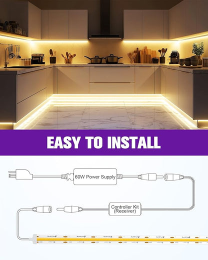 HitLights COB LED Strip Lights Kit Warm White 3000K, Dimmable Tape Light with Remote 12V Power Supply, 2640 LEDs, 426 lm/ft, CRI 90+, UL Listed, Premium Lighting for Kitchen Cabinets Bedroom,16.4ft