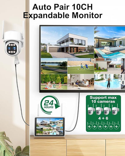 ZHXINSD 4K Security Camera System Wireless, Dual Lens 4MP+4MP 10X Zoom 2.4G/5G PTZ Cameras for Outdoor Home Security, Auto Tracking, 10” Monitor NVR Pre-Installed with 1TB HDD, 24/7 Record