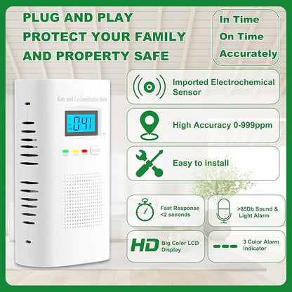 Combination Gas and Carbon Monoxide Detector Plug-in | CO Alarm & Natural Gas Combustible Detector | Digital Display, Battery Backup, Easy Install | for Home Kitchen Safety Monitoring 3-Pack