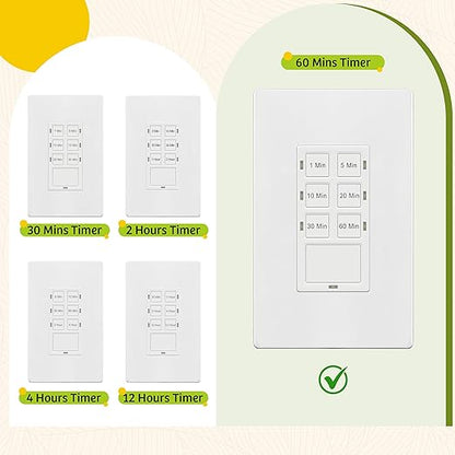 TG 1-Hour Countdown Timer Switch, for Bathroom Exhaust Fans, Heaters, Lights, LED Indicator, 120VAC 800W, No Neutral Wire Required, UL Listed, Screwless Wall Plate, White, 1 Pack