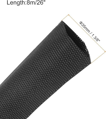 MECCANIXITY Braided Cable Sleeves Heat Shrinkable Fabric Sleeving, 1 3/8" 26ft Black 2:1 Ratio Heat Shrinkable Cord Protector for Harness Cable, Network Cable Protection, Cable Management
