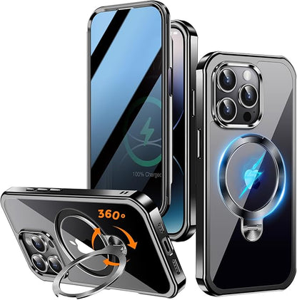 [360° Rotatable CD Stand & Built-in Privacy Screen Magnetic Case for iPhone 15 Pro [Compatible with MagSafe & Full Signal] Mil-Grade Shockproof Full Body Anti-Spy Cover for 15 Pro-Black