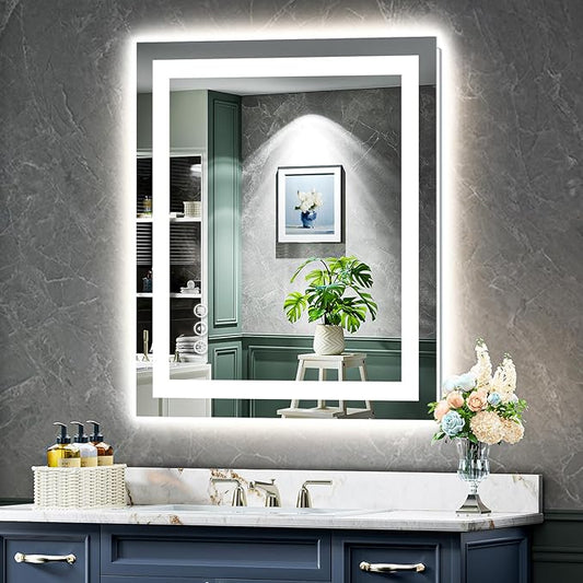 YEELAIT 28x32 Inch LED Bathroom Mirror with Lights Front and Backlit Lighted Vanity Mirror for Bathroom Wall with 3 Colors Dimmable Anti-Fog Memory Shatter-Proof IP54 Waterproof Horizontal/Vertical