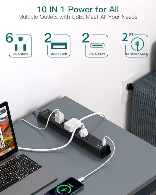 Short Extension Cord 2ft - Addtam Surge Protector Power Strip with 6 AC Outlets 4 USB (2 USB-C Ports), Flat Plug, 900J, Wall Mount, Outlet Extender for Home Office Dorm Room Essentials