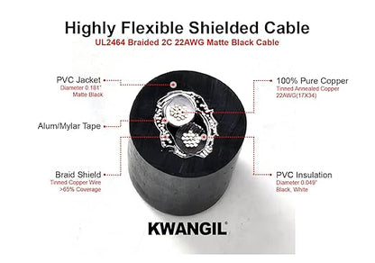 KWANGIL 2C 22AWG AMSB Shielded Cable Wire (UL2464) - Highly Flexible Str TC, PVC Ins, OS+TC BRD, PVC JKT for CNC Machine, Stepper Motor, VFD Spindle (Matte Black 50FT)