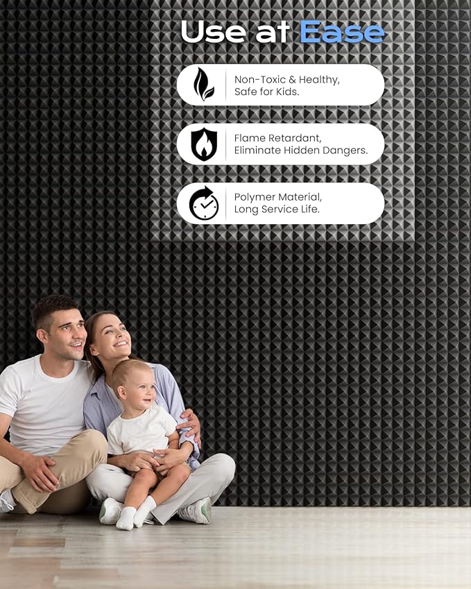 Sonicism Sound Proof Foam Panels for walls Self-Adhesive 16 Pack Pyramid 12" X 12" X 2" Acoustic Panels 35kg/m³High Density,Soundproof Wall Panels Fast Expand,Sound Absorption and Decoration,Black