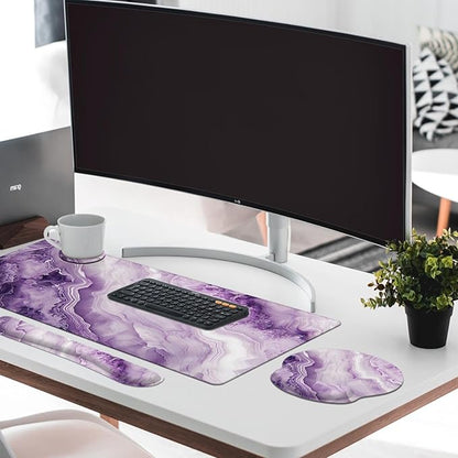 Britimes Purple Pink Marble Gold Keyboard Mouse Pad Set 4in1 Large Mousepad+Keyboard Wrist Rest+Mouse Wrist Rest+Coaster Ergonomic Design for Home Office Computer 35.4x15.7 inches
