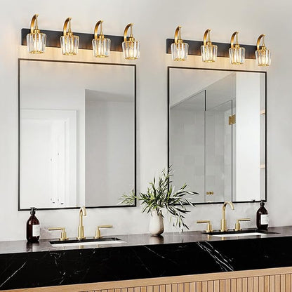 FDPBY Modern Bathroom Vanity Light, 4-Light Black Gold Wall Sconce with Crystal Accents, Over Mirror Bathroom Lighting Fixture, 32.67" Long Dimmable Vanity Lamp for Makeup, Easy Installation
