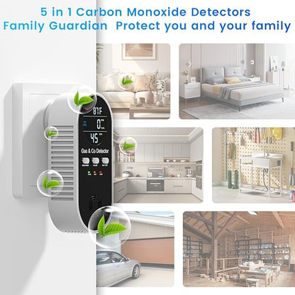 5 in 1 Carbon Monoxide Detectors Plug in with Temperature Humidity Sensor Built in Battery Backup, Natural Gas Leak Detector with Clear LED Display Sound & Light Warning for Home/Hotel, 2Pcs, Black.