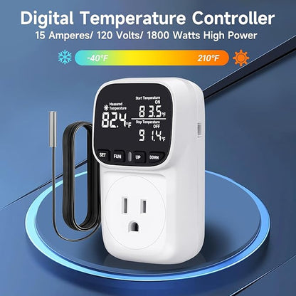 COMYAN Temperature Controlled Outlet with 16.4ft & 6.5ft 2 Probes, Reptile Thermostat 15A 1800W Digital Thermostat, Heating Cooling Timer with Cyclic Timing/Countdown, -40℉~210℉ for Reptile Incubator